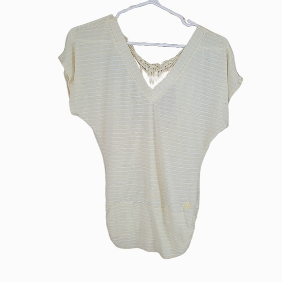 Foxy Jeans Pale Yellow and White Striped Short Sleeve Top S - Picture 2 of 10